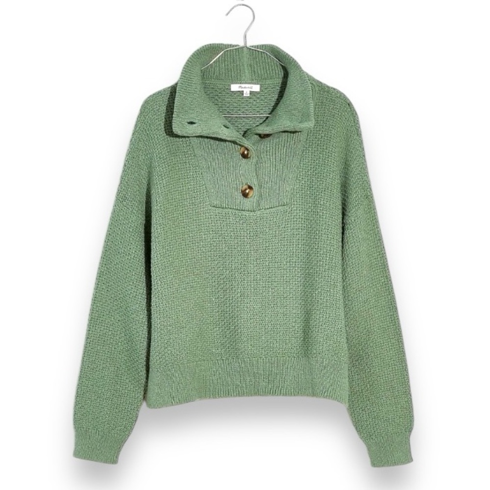 Madewell Green Canby Button Knit Cotton Mockneck Button Neck Collared Sweater